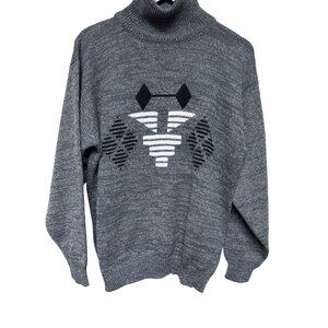 THE SWEATER Women's 100% Lamb's Wool Grey Geometric Turtle Neck Gray  Large